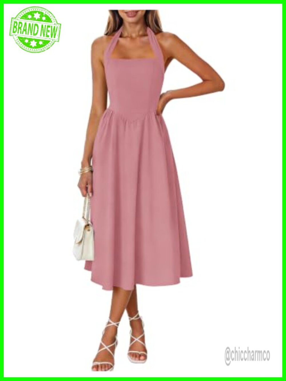 Halter Midi Dress Sleeveless High Waist Swing Beach Dress